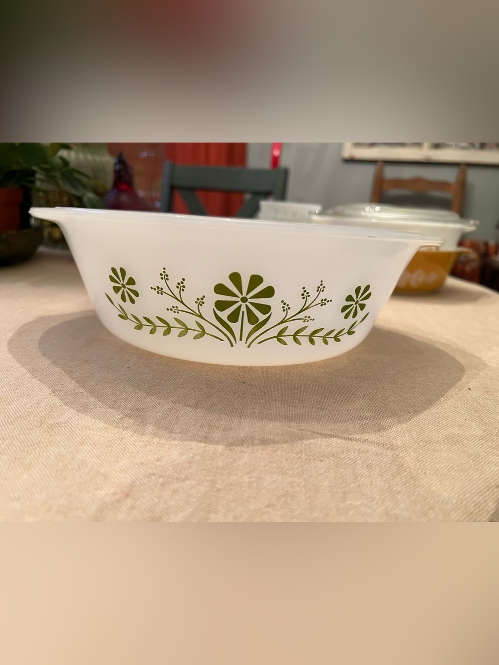 White Glass Serving Bowl with Olive Green Floral Pattern